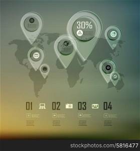 Transparent business Infographics world map on blur landscape can be used for workflow layout, banner, step up options, web design.