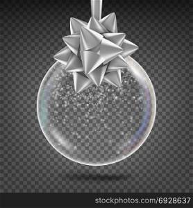 Transparent Christmas Ball Vector. Shiny Glass Xmas Tree Toy With Snowflake And Silver Bow. New Year Holidays Decoration Element. 3D Realistic. Isolated On Transparent Background Illustration. Transparent Christmas Ball Vector. Shiny Glass Xmas Tree Toy With Snowflake And Silver Bow. New Year Holidays Decoration Element. 3D Realistic. Isolated