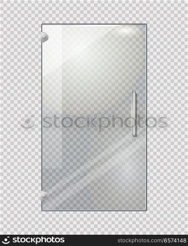 Transparent door isolated on grey checkered background. Vector illustration of isolated clear glass door with long doorhandle. Mock up decorative object of shops, boutiques for entrance and exit. Transparent Door on Grey Checkered Background