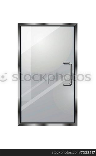 Transparent door isolated on white background. Vector illustration of isolated clear glass door with long doorhandle. Mock up decorative object of shops, boutiques for entrance and exit. Transparent Door on Grey Checkered Background