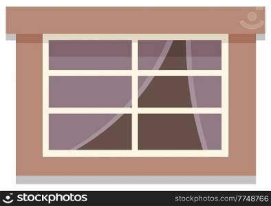 Transparent double metal plastic window with curtains in brown wall flat vector illustration. Window with spros for building fitted with glass in a frame. Home, office design for residential project. Transparent double metal plastic window with curtains in brown wall flat vector illustration