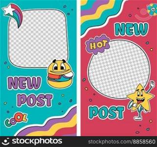 Transparent frame with funny cartoon characters for social media new post. Childish personage, dancing body and beet or beetle with wings. Shooting star and rainbows icons. Vector in flat style. New post for social media, frame with characters
