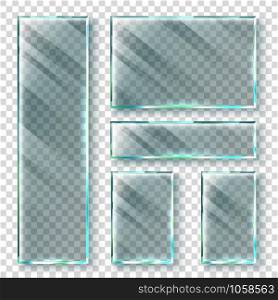 Transparent glass banners. 3d window glass or plastic banner. Glassed wall or reflecting windows. Realistic vector illustration isolated background set. Transparent glass banners. 3d window glass or plastic banner. Realistic vector illustration set