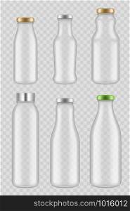 Transparent glass bottles. Packages for juice milk vector mockup isolated. Transparent bottle glass for milk and drink illustration. Transparent glass bottles. Packages for juice milk vector mockup isolated