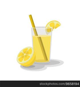 Transparent glass of lemon juice with a slice and a yellow tube, cut lemon next to a white background in the center with shadows. Lemon juice in a glass with an orange on a white background