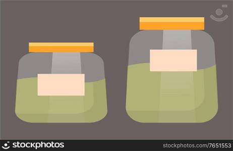 Transparent glass or plastic container with label. Jars that contains green liquid or matcha tea. Two pots with herbal powder or beverage isolated on grey background. Vector illustration in flat style. Jars with Green Liquid or Matcha, Pots Isolated