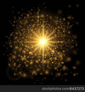 Transparent glow light effect. Star burst with sparkles. Gold glitter texture