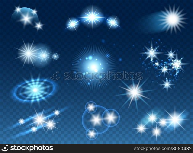 Transparent glowing light effects, glowing stars and sparkles on transparent background. Vector illustration