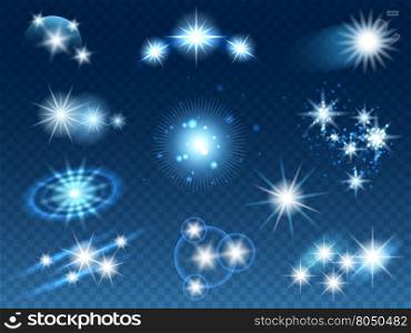 Transparent glowing light effects, glowing stars and sparkles on transparent background. Vector illustration