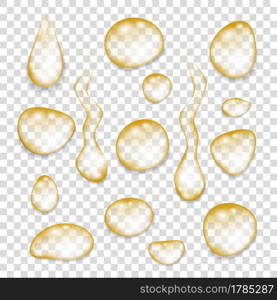 Transparent  golden drops of  oil  isolated on a gray background. Realistic  vector  illustration.