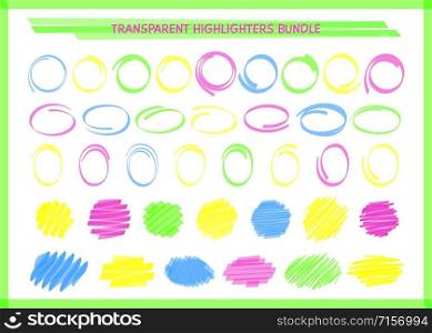 Transparent highlight pen circle frame set vector illustration. Collection of round border and felt pen scribbles in neon colors for news hand drawn highlight design or school whiteboard style drawing. Transparent highlight pen circle frame set vector