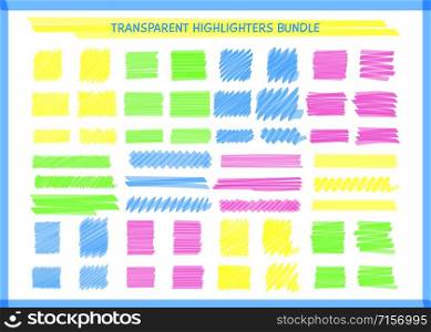 Transparent highlight pen marks set vector illustration. Hand drawn square and rectangle pen scribbles in yellow and blue, pink and green transparent neon colors for social media highlight design. Transparent highlight pen square marks set vector