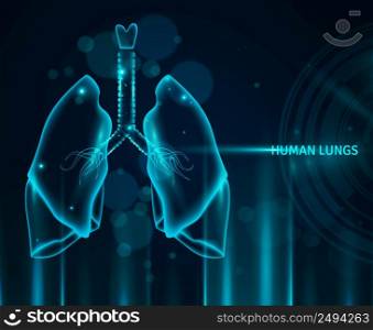 Transparent human lungs in blue color background with light effects and bokeh flat vector illustration. Human Lungs Background
