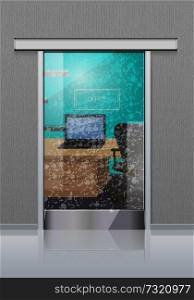 Transparent office glass door in grey wall to study. Cabinet with green wall, black comfortable chair, wooden table and dark open laptop on it is seen through door. Vector illustration of office study. Transparent Office Glass Door to Study with Laptop