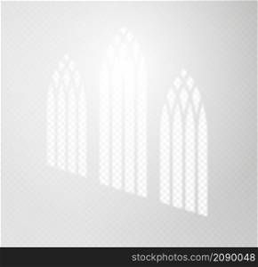 Transparent overlay shadow from the church gothic window. Natural light effect from frame on wall or floor. Mockup design. Vector illustration.. Transparent overlay shadow from the church gothic window. Natural light effect from frame on wall or floor. Mockup design. Vector illustration