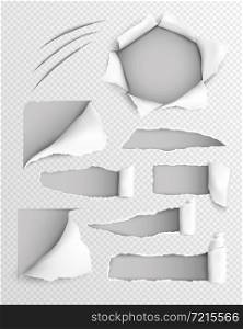 Transparent paper lacerated sheet with set of torn holes with rolled edge realistic vector illustration. Torn Paper Realistic Transparent Set