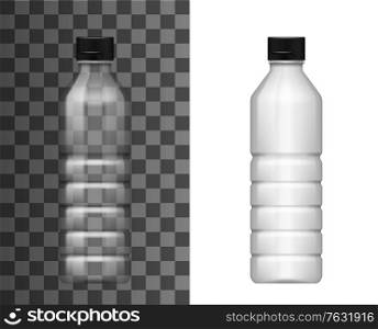 Transparent plastic bottle realistic vector mockup of isolated empty package for mineral or clean water, soda drink, sauce, oil, milk or juice beverage. Disposable container, drink packaging 3d object. Transparent plastic bottle realistic mockup