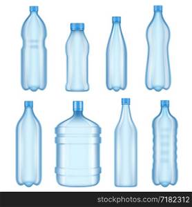 Transparent plastic bottles. Vector illustrations of bottles for water. Container transparent collection for water. Transparent plastic bottles. Vector illustrations of bottles for water