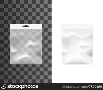 Transparent pocket, plastic bag isolated vector mockup. Realistic 3d clear pouch template, wrap for food, snack or medicine. Disposable nylon or cellophane package with ziplock and hang slot mock up. Transparent pocket, plastic bag isolated mockup