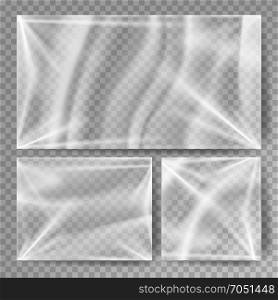 Transparent Polyethylene Vector. Stretched Glossy Plastic Warp Mock Up. Isolated On Transparent Background Illustration. Transparent Polyethylene Vector. Plastic Warp Template For Your Design. Wrinkled Surface For Realistic Effect. Isolated On Transparent Background Illustration