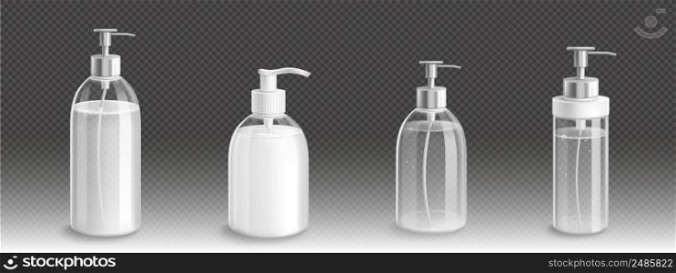 Transparent pump bottles for liquid soap, lotion or shampoo 3d vector mockup. Isolated glass or plastic containers, blank packages with dispenser for bath or toilet cosmetics, Realistic mock up set. Pump bottles for liquid soap, lotion or shampoo