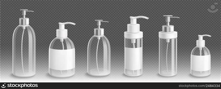 Transparent pump bottles for liquid soap or lotion 3d vector mockup. Isolated empty glass or plastic containers, blank packages with dispenser for bath or toilet cosmetics, Realistic mock up set. Transparent pump bottles for liquid soap or lotion