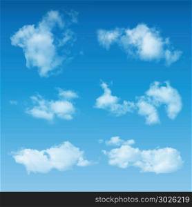 Transparent Realistic Clouds On Blue Sky Background. Illustration of a set of elegant abstract realistic clouds with smoke shapes, on blue sky background