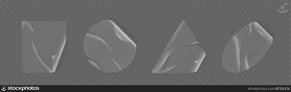 Transparent stickers peel off, patches, wrinkled plastic or pvc film. Shrunken adhesive labels mockup of round, triangle and square shapes. Isolated emblems, badges or tags, Realistic 3d vector set. Transparent stickers peel off, patches or pvc film