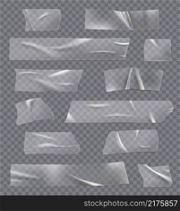 Transparent sticky tape. Adhesives crumpled realistic bandage fix tape with glue wrap objects decent vector illustrations isolated. Patch realistic strip for fix, wrinkle sticker. Transparent sticky tape. Adhesives crumpled realistic bandage fix tape with glue wrap objects decent vector illustrations isolated