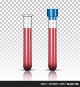 Transparent test tube with red blood, vector illustration