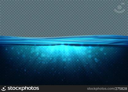 Transparent underwater background. Realistic blue sea water surface, 3D ocean pool lake deep wave concept. Marine vector illustration. Transparent underwater background. Realistic blue sea water surface, 3D ocean pool lake deep wave concept. Marine