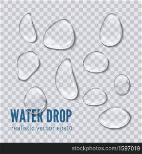 Transparent water drop set isolated on light gray background, realistic vector illustration. Water drop realistic vector illustration