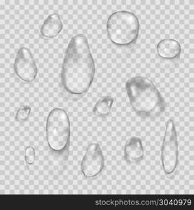 Transparent water drops vector set isolated on plaid background. Transparent water drops vector set isolated on plaid background. Clean natural droplet illustration