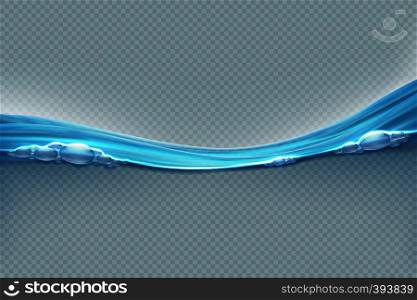 Transparent water surface. Realistic wave splash sea water level with bubbles and droplets. Water motion 3D vector design template. Blue fresh liquid ocean backdrop with ripples on surface. Transparent water surface. Realistic wave splash sea water level with bubbles and droplets. Water motion 3D vector design template