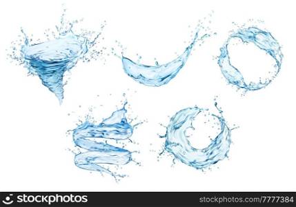 Transparent water tornado, whirlwind and swirl splashes with drops, realistic vector. Blue water wave in twister or twirl with splashing drops and bubbles in whirl, clear aqua with pouring flow. Transparent water tornado, whirlwind swirl splash