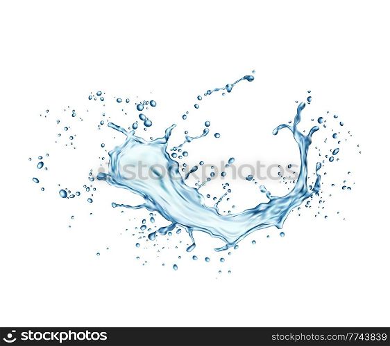 Transparent water wave splash with drops. Clean aqua, fresh and natural water, 3d vector transparent liquid falling splash, swirl with splatters and drops. Pure blue water ripple, drip frozen motion. Transparent water wave splash with drops