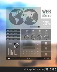 Transparent web site, business Infographics, plat elements on blur landscape can be used for workflow layout, banner, step up options, number options, web template