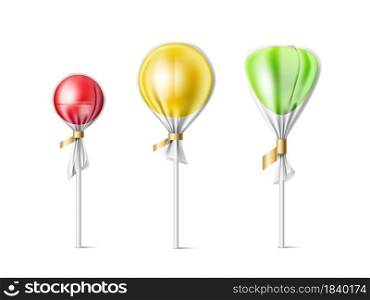 Transparent wrappers candies. Realistic different shapes lollipops in plastic packaging, sugar products, sweet, bonbon templates. Vector set. 3d lollipop. Transparent wrappers candies and realistic different shapes lollipops in plastic packaging, sugar products, sweet, bonbon templates