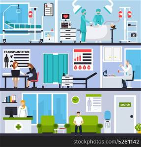 Transplantation Horizontal Compositions . Transplantation horizontal compositions with patients and doctors in hospital interiors and operating room flat vector illustration