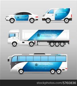 Transport advertisement design blue template decorative icons set isolated vector illustration. Transport Advertisement Design
