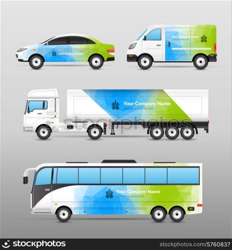Transport advertisement design in blue and green abstract template decorative icons set isolated vector illustration. Transport Advertisement Design