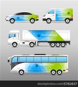 Transport advertisement design in blue and green abstract template decorative icons set isolated vector illustration. Transport Advertisement Design