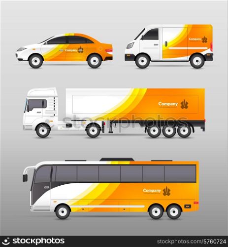 Transport advertisement design with cars bus and trucks in orange abstract identity isolated vector illustration. Transport Advertisement Design