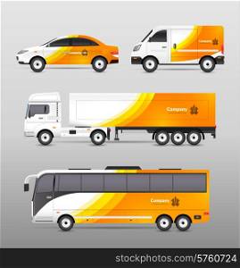 Transport advertisement design with cars bus and trucks in orange abstract identity isolated vector illustration. Transport Advertisement Design