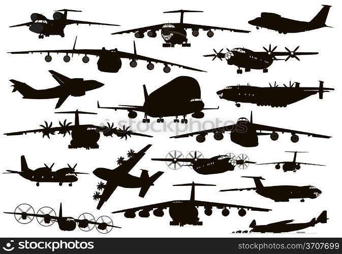 Transport aircraft silhouettes collection. Vector EPS 8
