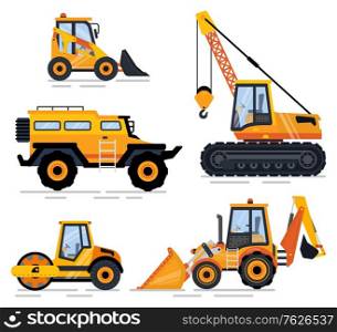 Transport and machinery set vector, isolated truck and crane. Construction equipment bulldozer and excavator, repairing and building elements machine. Flat cartoon. Construction Equipment and Machinery, Transport