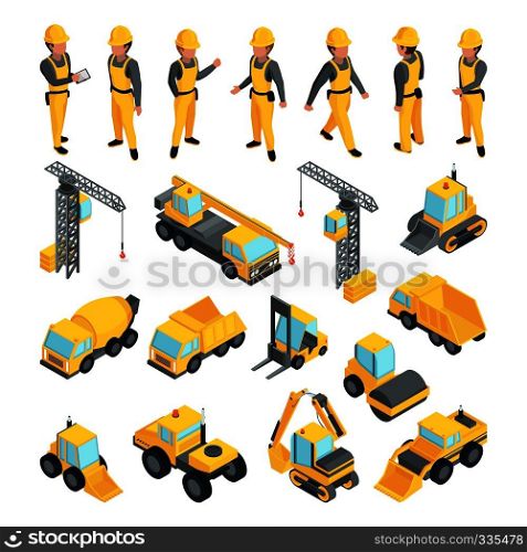 Transport and workers for construction buildings. Vector pictures in isometric style. Building worker and equipment transport illustration. Transport and workers for construction buildings. Vector pictures in isometric style
