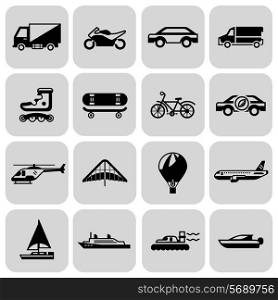 Transport black icons set with motorcycle car skateboard isolated vector illustration