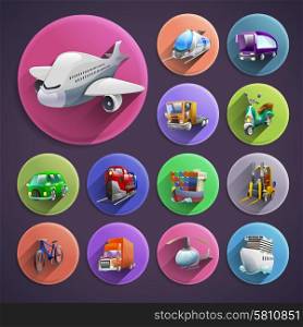 Transport Cartoon Icons Set. Transport and logistics cartoon round icons set with plane and ship on violet background shadow isolated vector illustration