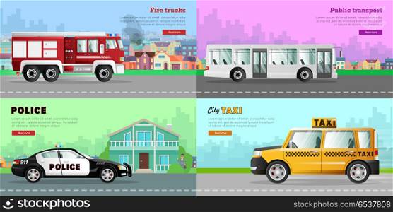 Transport. Collection of Four Automobile Pictures. Transport. Collection of four auto pictures. Urban public transport in city. White long passengers bus. Red fire truck on six wheels. Police car near bank. Taxi on road. Simple cartoon design. Vector